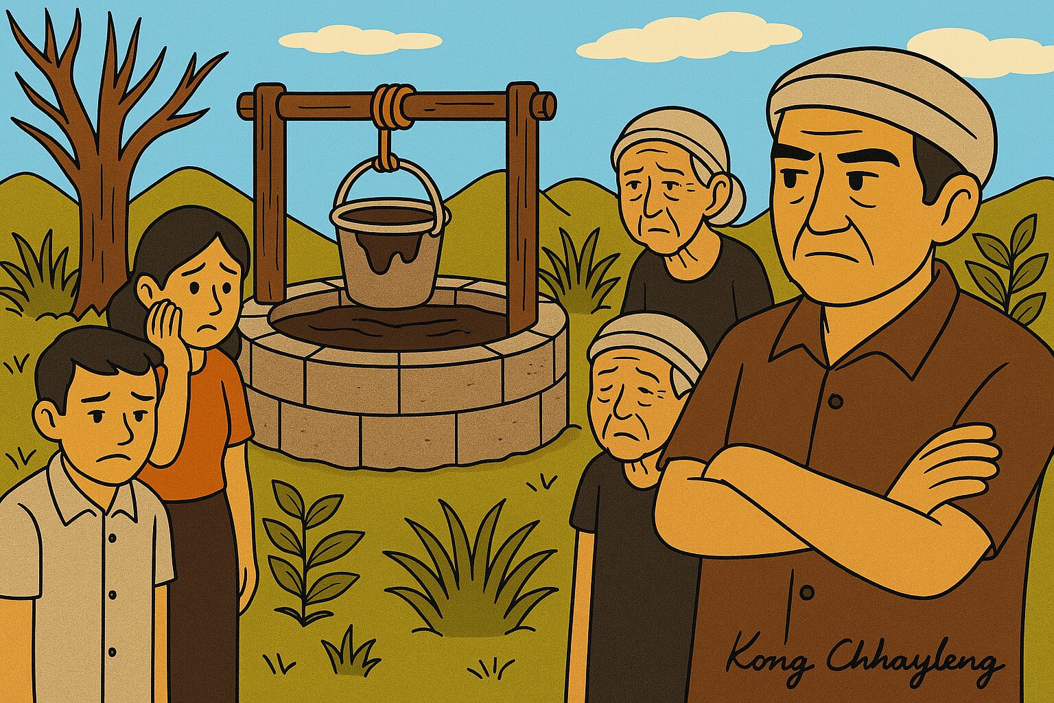 Please create a canvas of a dirty well and villagers with a bright background