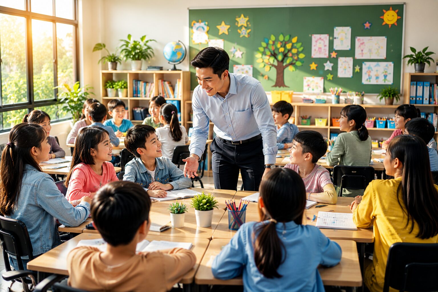 Engaging classroom with sunlight and smiles