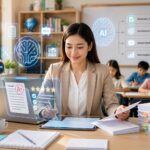 Futuristic classroom with AI learning tools