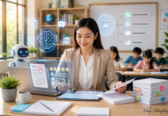 Futuristic classroom with AI learning tools