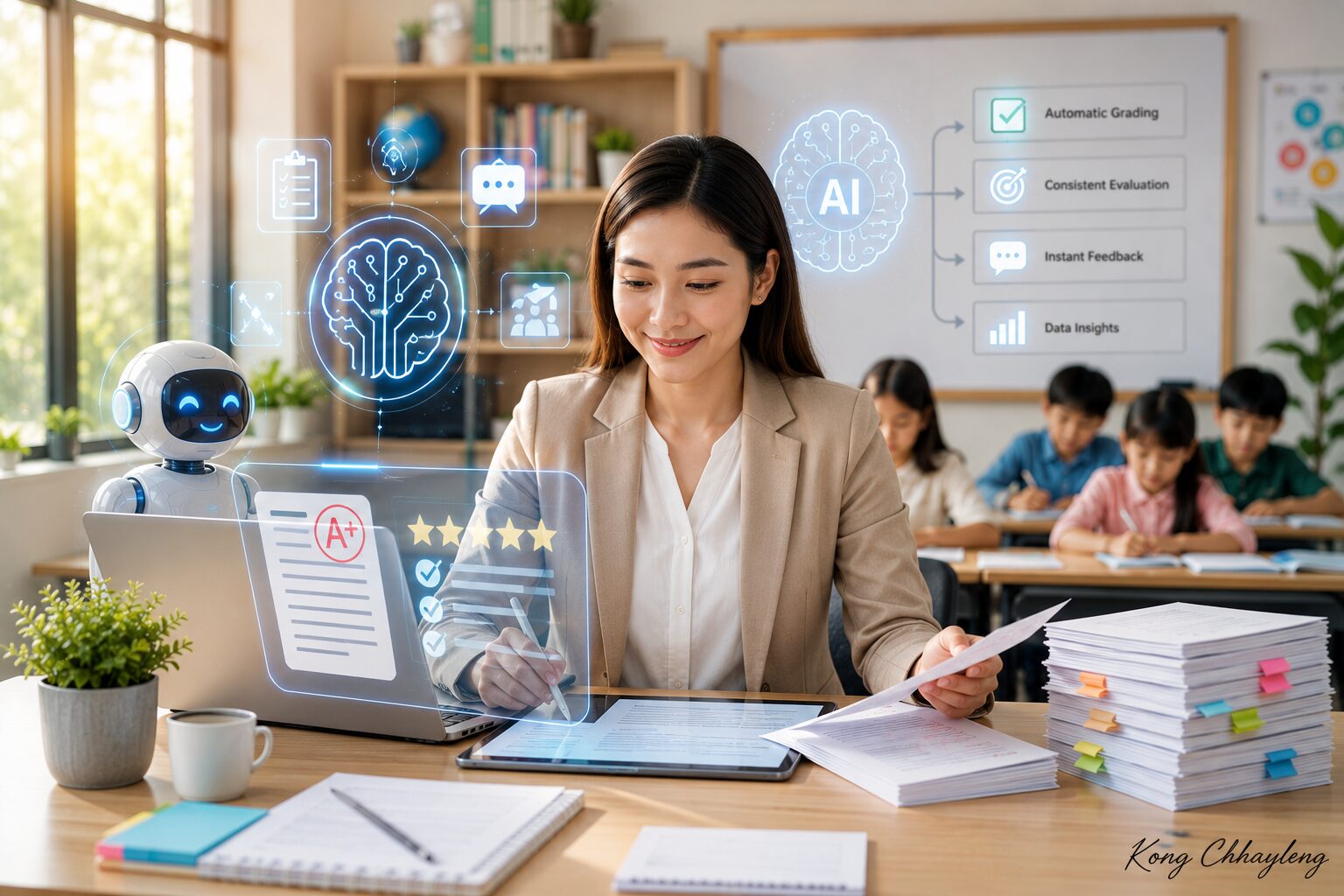 Futuristic classroom with AI learning tools