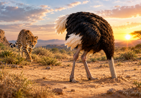 Ostrich Ignoring a Stalking Cheetah